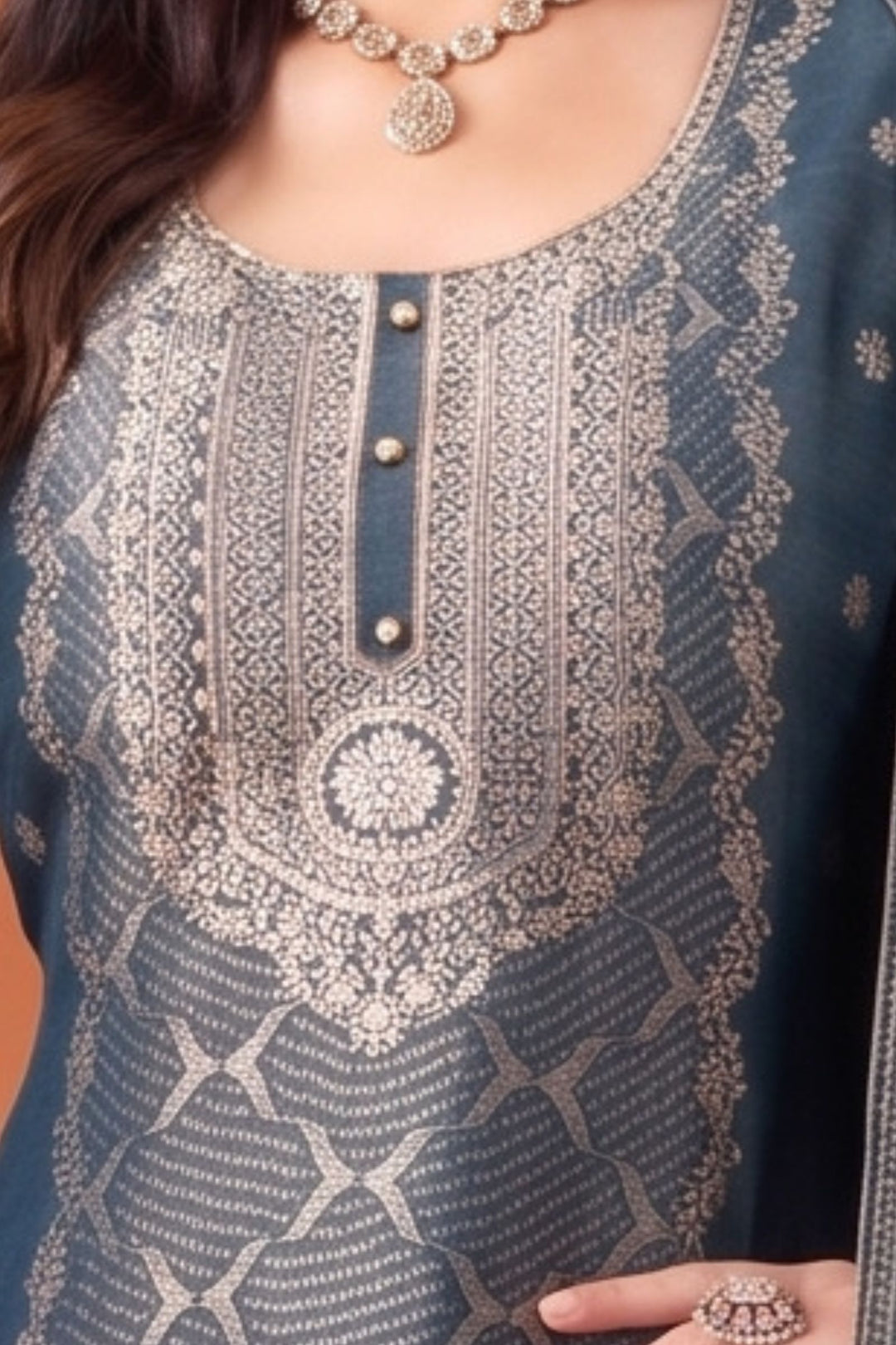 Teal Blue Banaras, Beads, Stone and Sequins work Straight Cut Salwar Suit