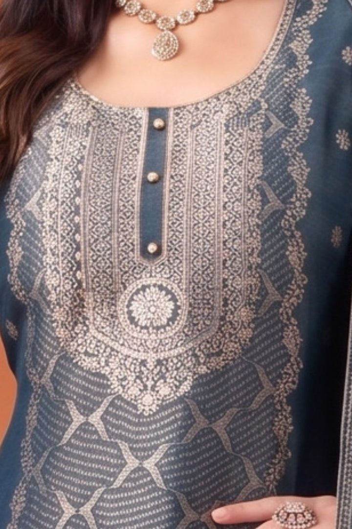 Teal Blue Banaras, Beads, Stone and Sequins work Straight Cut Salwar Suit