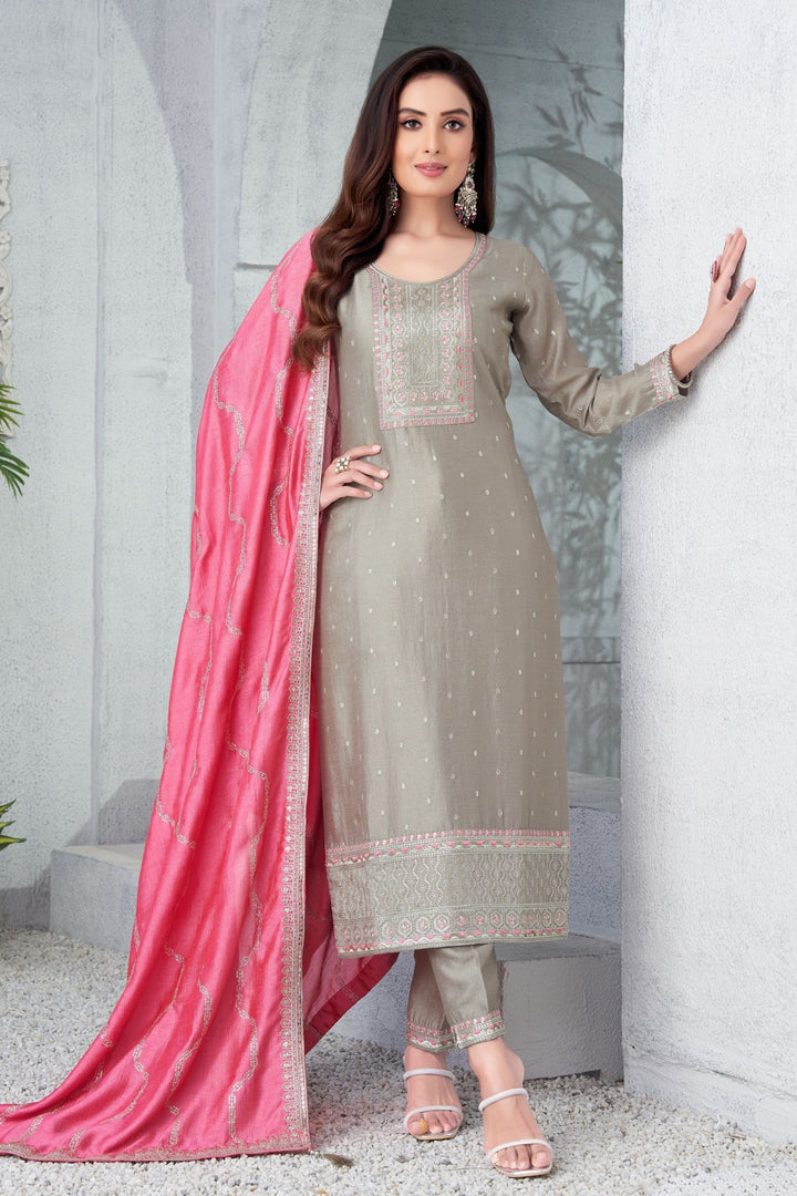 Grey Thread, Zari and Sequins work Straight Cut Salwar Suit