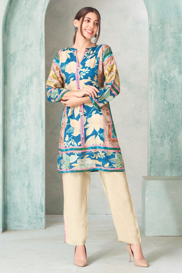 Blue with Beige Digital Print and Sequins work Cord Set