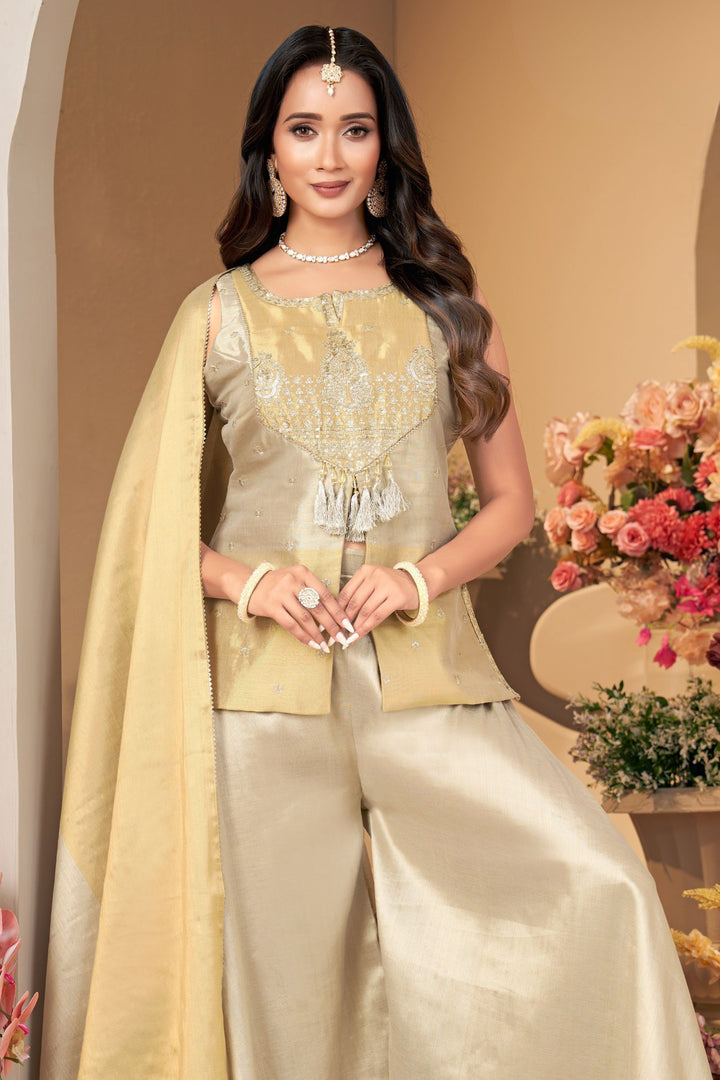 Beige Sequins, Zari and Beads work Palazzo Salwar Suit