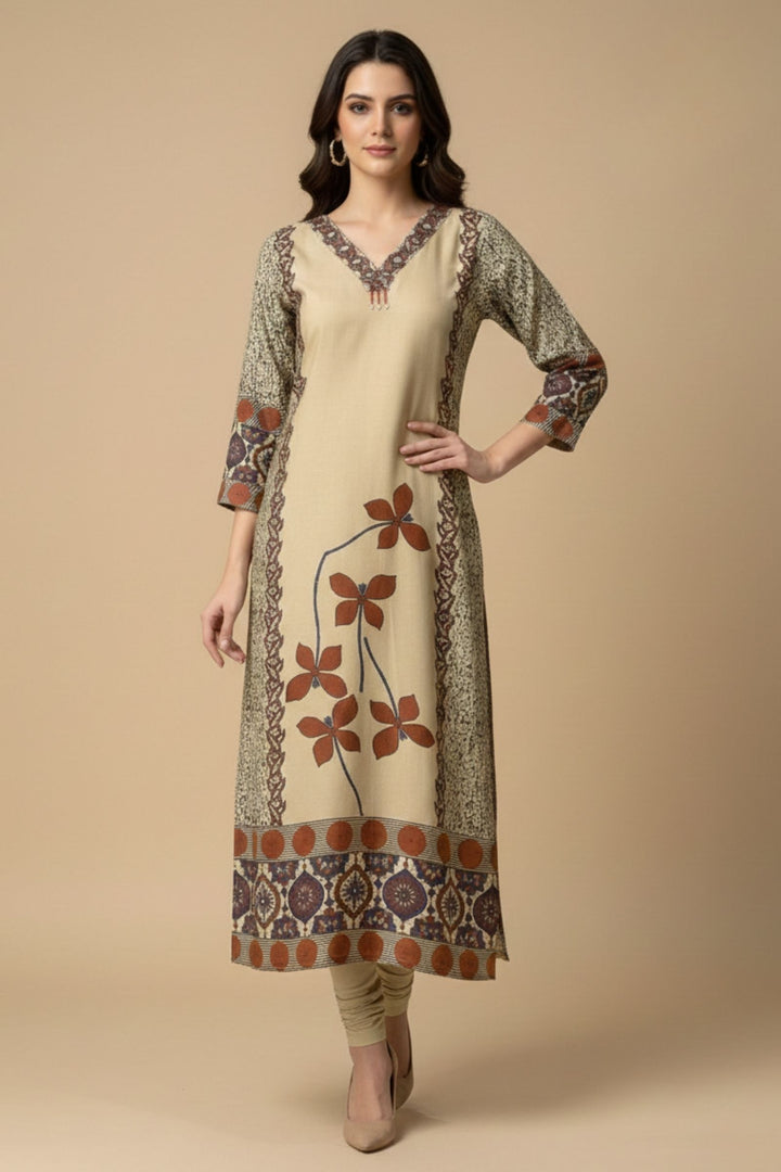 Beige Beads work with Ajrakh Print Calf Length Kurti