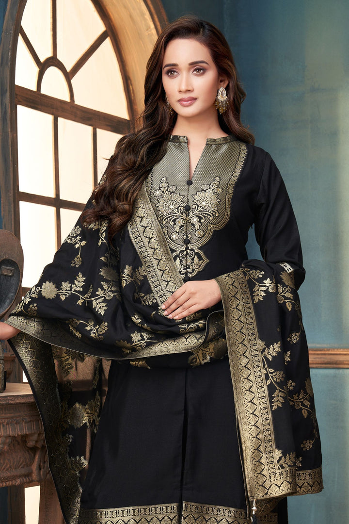 Black Straight Cut Salwar Suit with Stone, Mirror and Banaras work