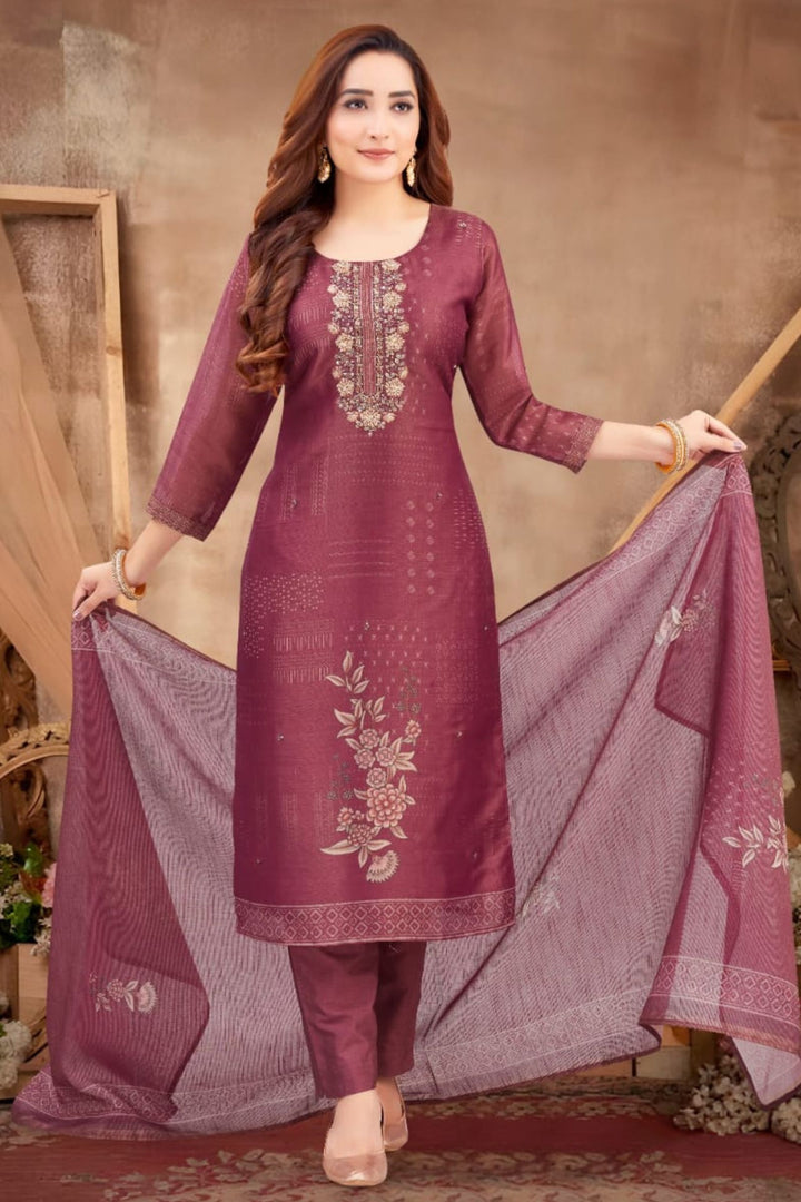 Wine Zardozi, Beads, Stone and Sequins work with Digital Print Straight Cut Salwar Suit