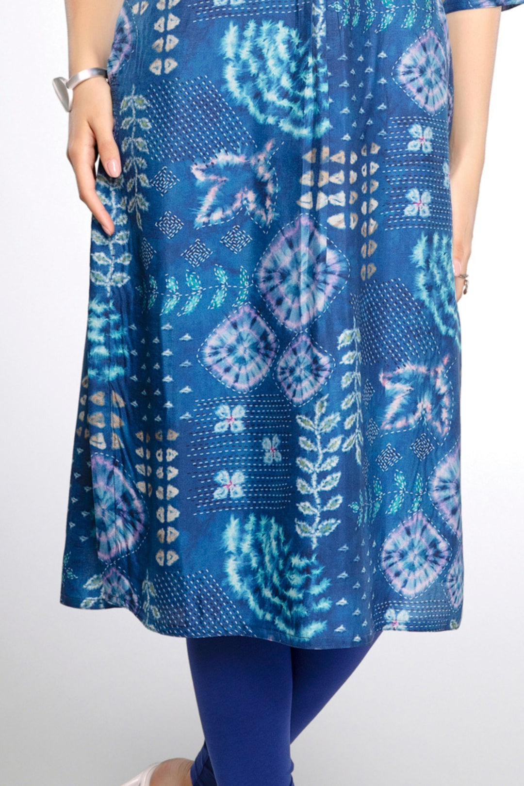 Blue with Digital Print, Beads and Sequins work Calf Length Kurti