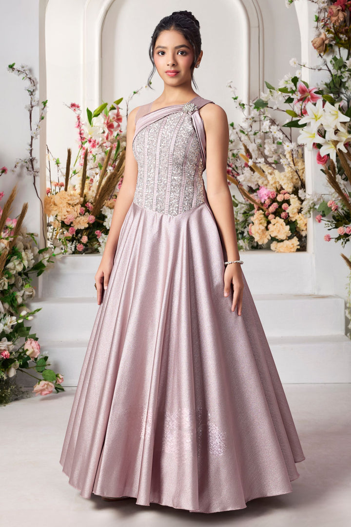 Light Lilac Sequins and Stone work Long Party Gown for Girls
