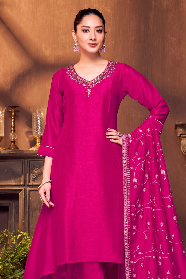 Dark Pink Sequins, Zari, Mirror, Stone and Zardozi work A-line Cut Salwar Suit