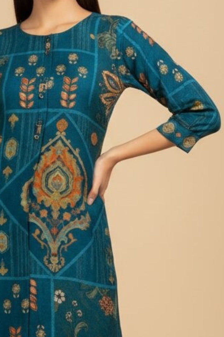 Peacock Blue Beads work with Digital Print Straight Cut Salwar Suit