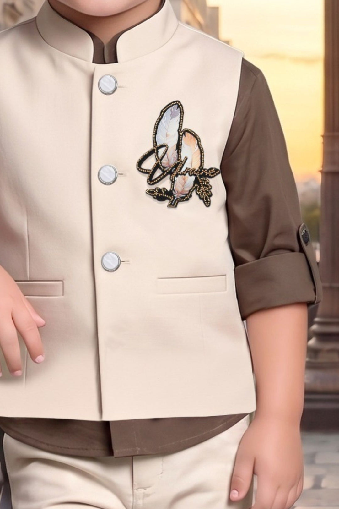 Beige Boys Waistcoat Set with Brown Shirt and Beige Pants