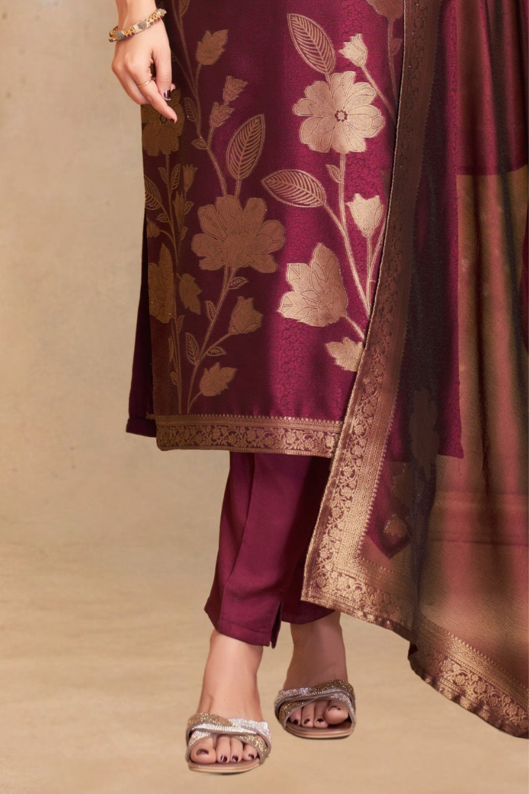 Wine Zari, Beads and Stone work Straight Cut Salwar Suit