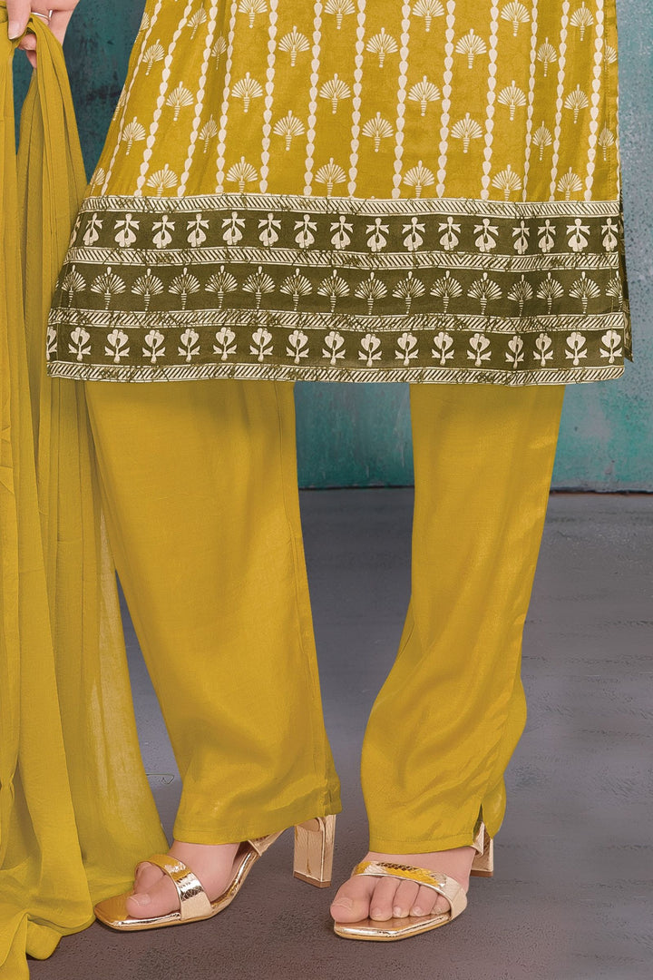 Mustard with Printed Straight Cut Salwar Suit for Girls