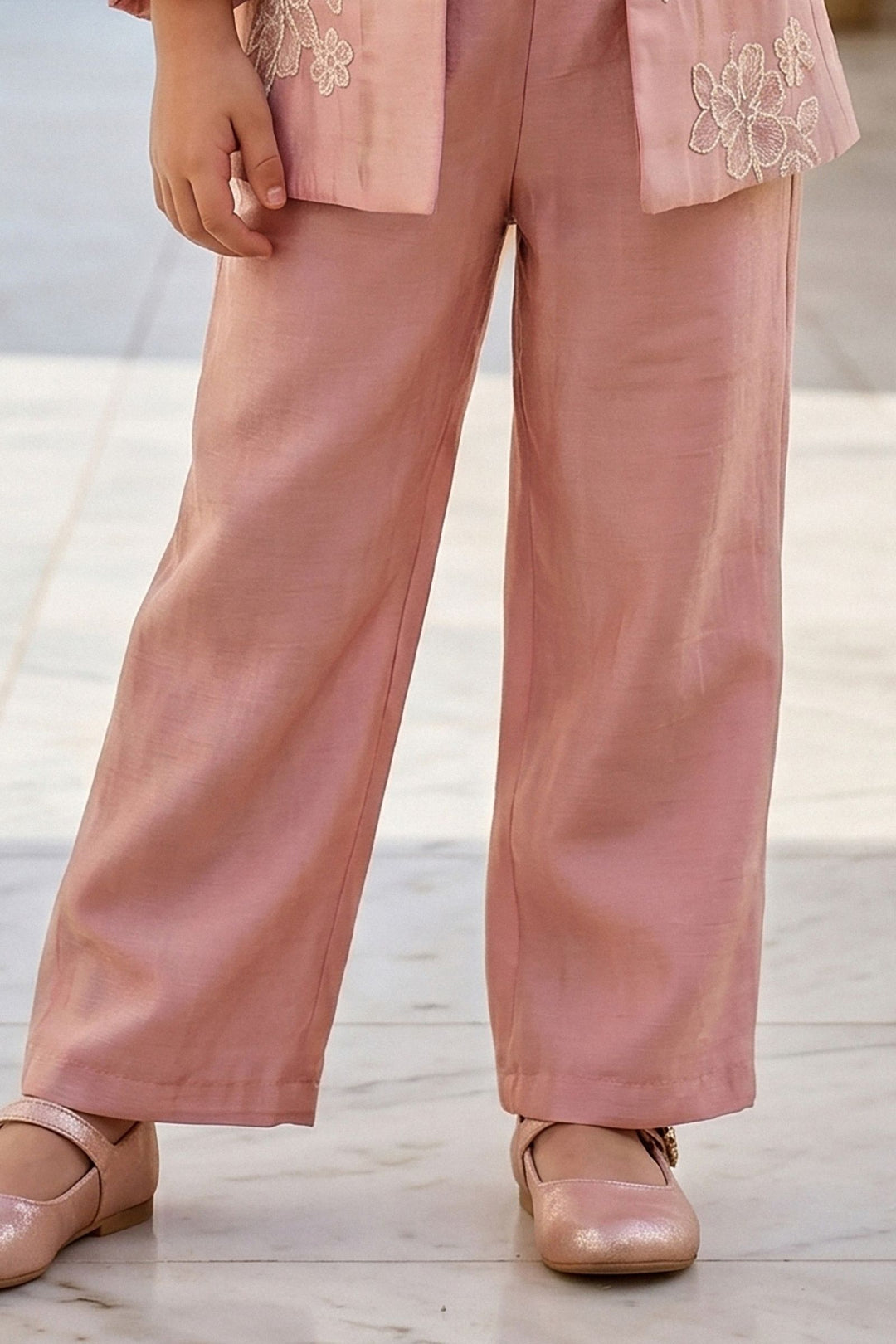 Dusty Pink Zari and Thread work Jacket Styled Palazzo Set for Girls