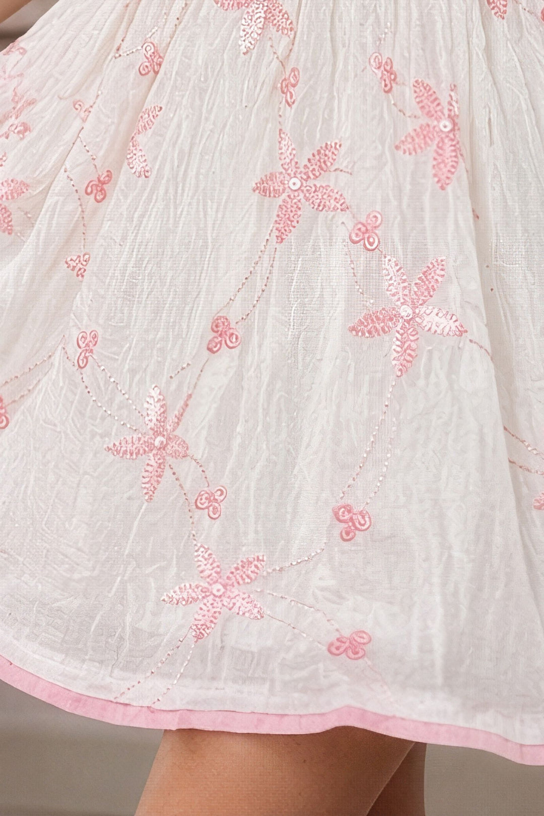 Half White with Pink Embroidery and Sequins work Short Frock For Girls