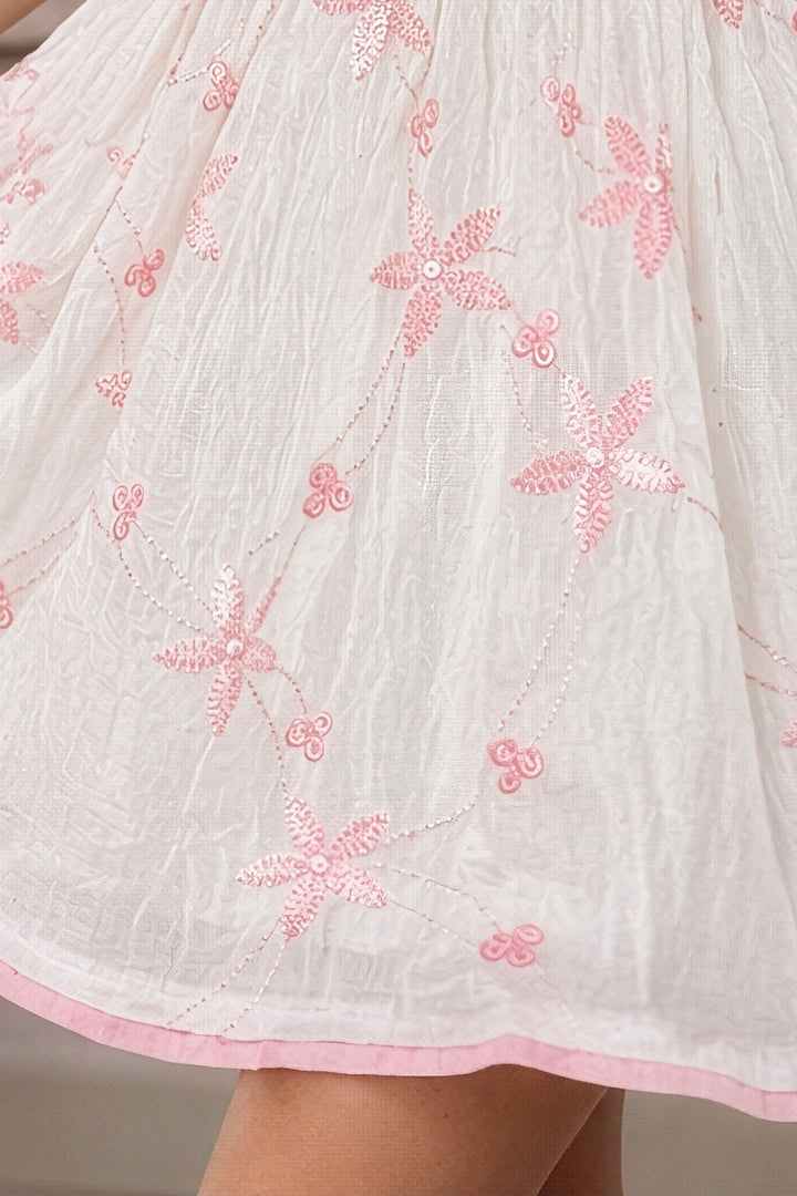 Half White with Pink Embroidery and Sequins work Short Frock For Girls