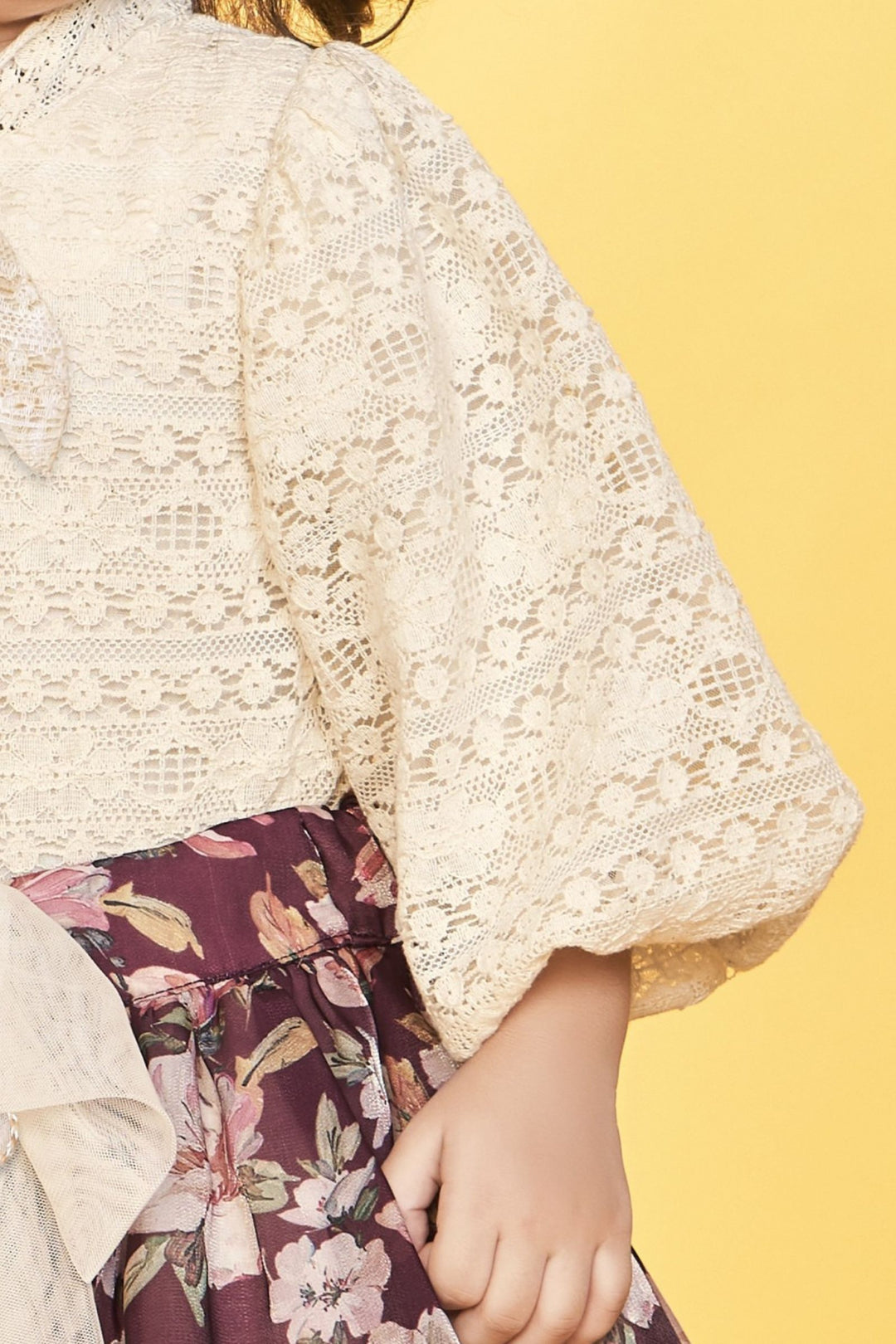 Cream with Wine Floral Print Top and Skirt for Girls