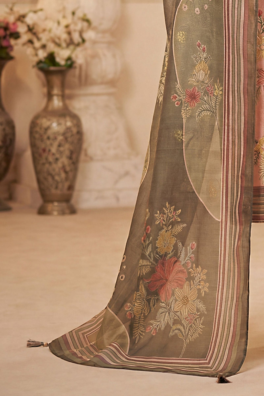 Onion Pink Beads, Zardozi, Zari and Sequins work with Digital Print Straight Cut Salwar Suit