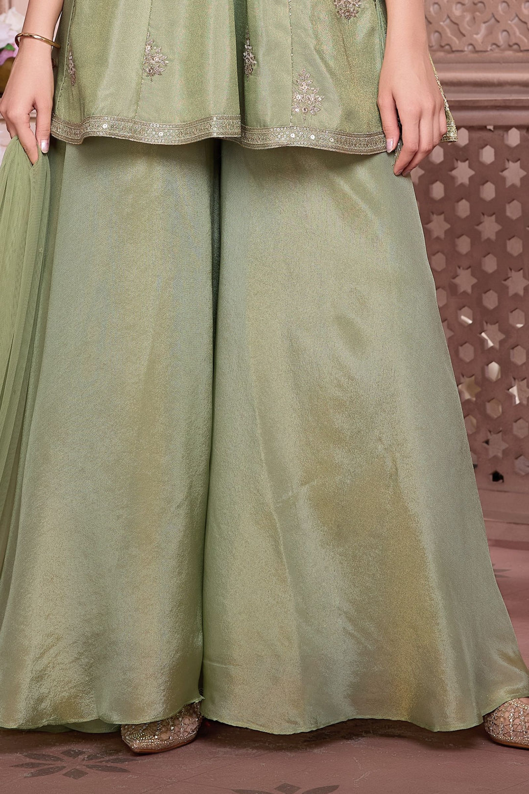 Pista Green Beads, Zari and Sequins work Palazzo Suit Set for Girls