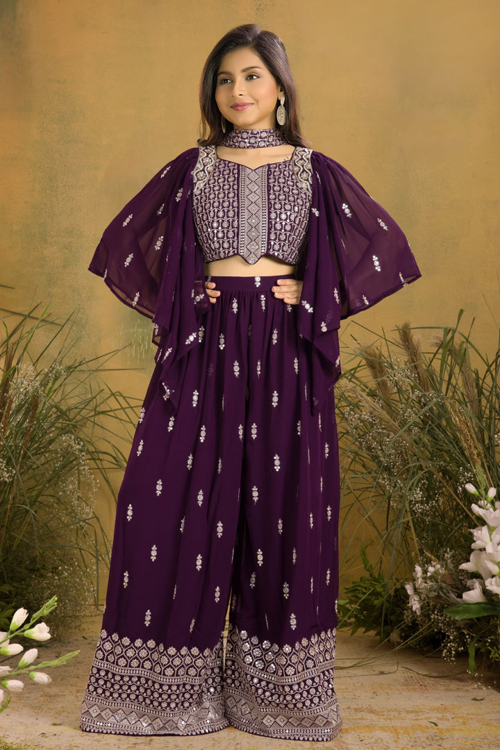 Dark Purple Sequins, Zari, Stone and Beads work Choli and Palazzo Set for Girls