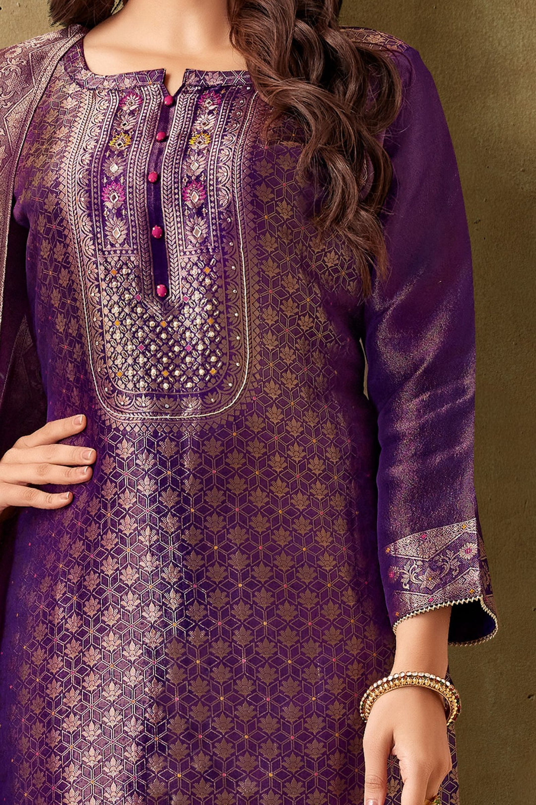 Purple Stone, Mirror, Zardozi, Thread and Brocade work Straight Cut Salwar Suit