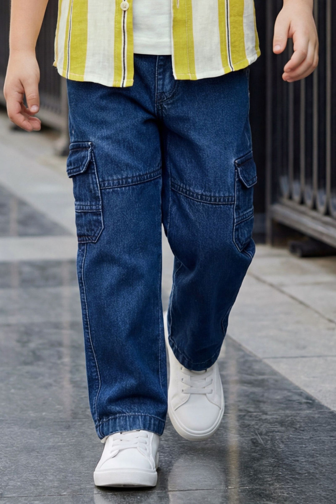Cream with Lemon Yellow Print Blazer, T-Shirt and Blue Pant Set for Boys