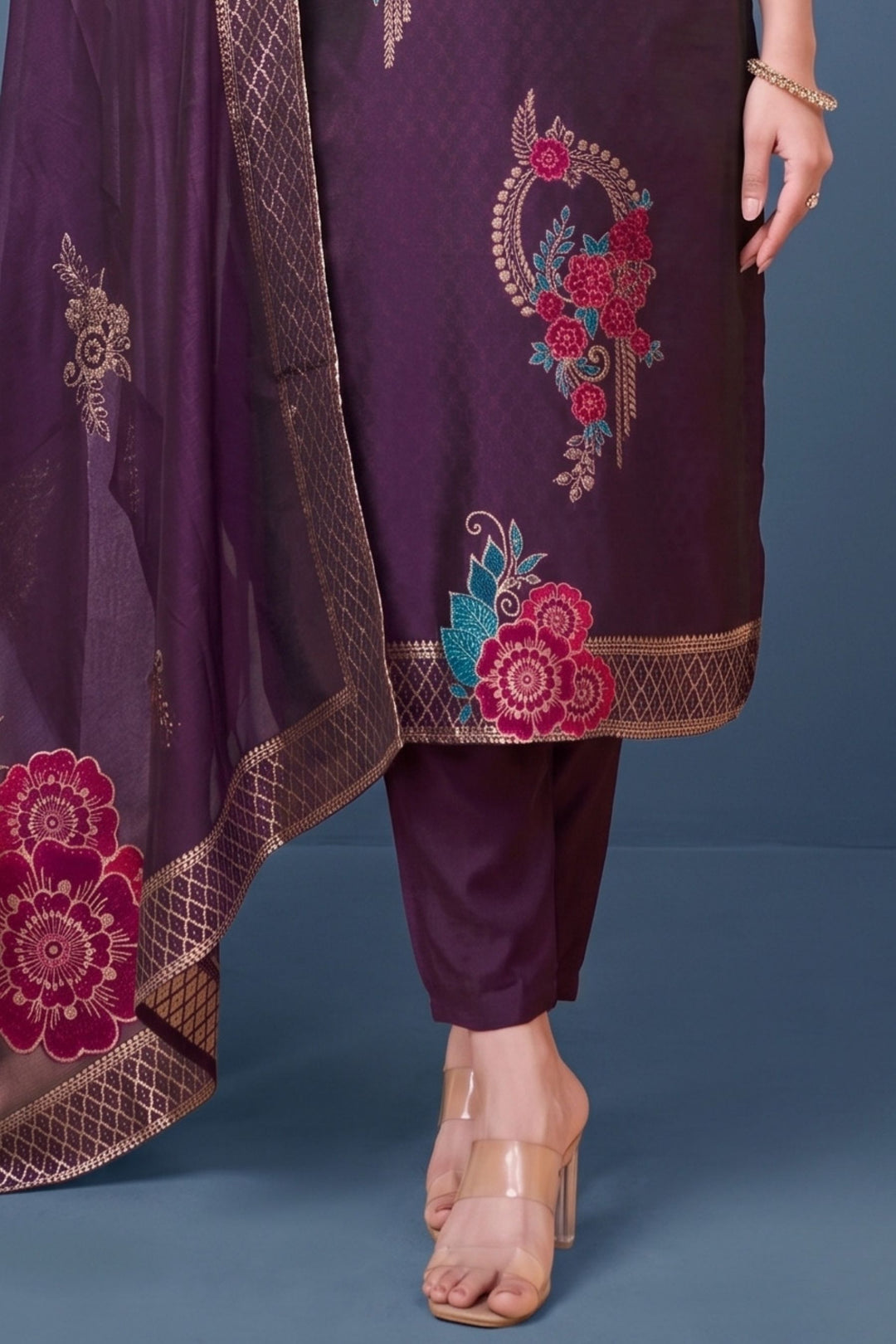 Purple Banaras, Beads, Stone, Thread, Mirror and Zardozi work Straight Cut Salwar Suit