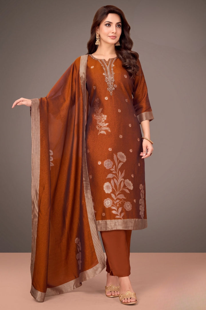 Rust Brocade, Mirror, Beads and Sequins work Straight Cut Salwar Suit