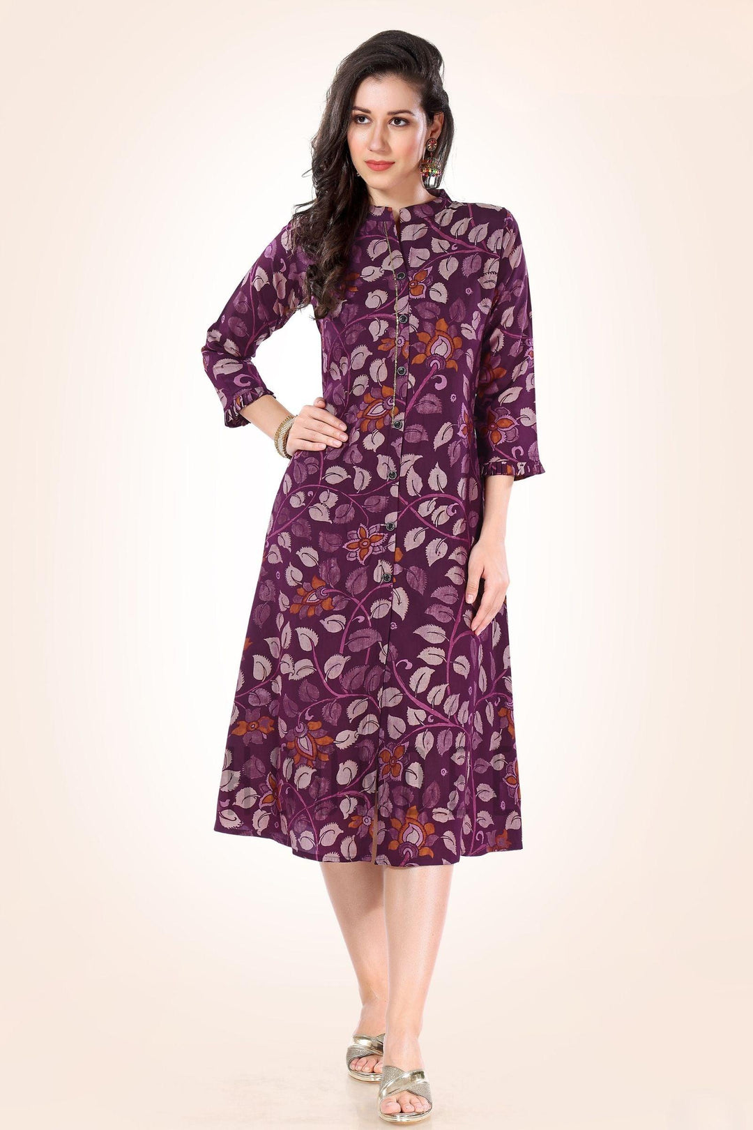 Magenta Digital Print Aline Cut Calf Length Kurti - Seasons Chennai