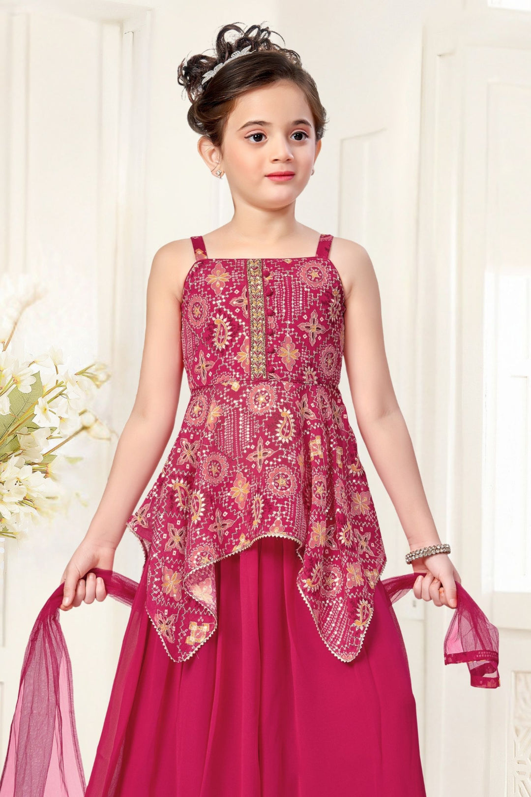 Rani Pink Zari, Sequins and Stone work with Digital Print Palazzo Set For Girls