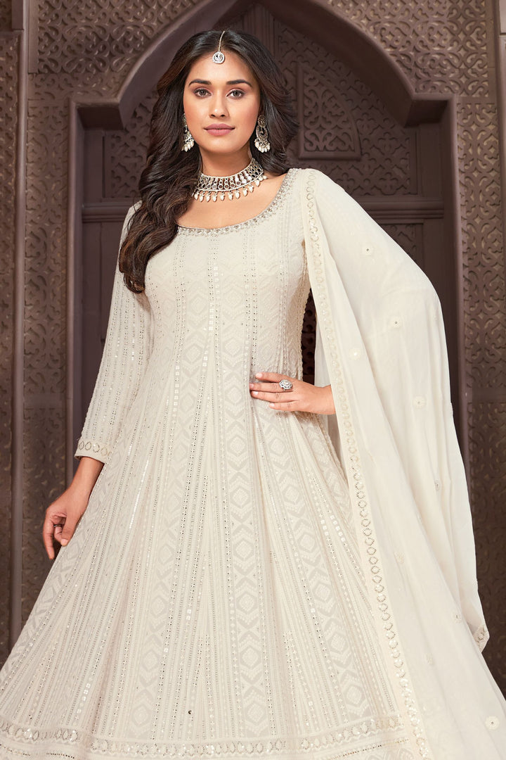 Cream Lucknowi, Sequins, Beads, Zardozi and Stone work Floor Length Anarkali Suit