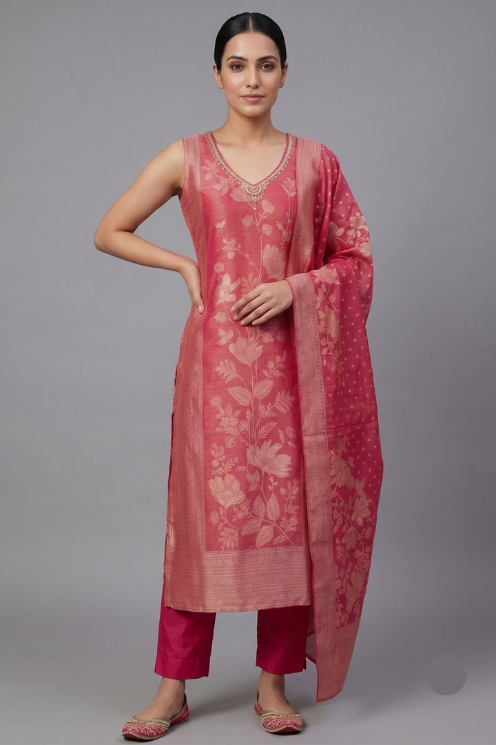 Rani Pink Brocade, Zardozi, Beads, Thread, Stone and Zari work Straight Cut Salwar Suit