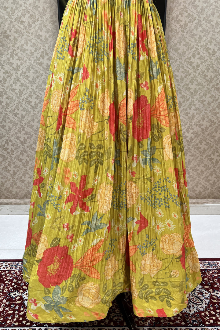 Lemon Green Mirror, Zardozi and Beads work with Floral Print Floor Length Anarkali Suit