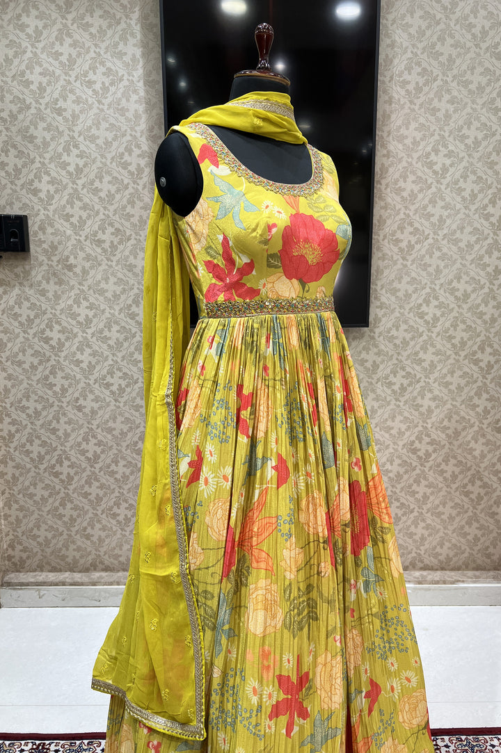 Lemon Green Mirror, Zardozi and Beads work with Floral Print Floor Length Anarkali Suit