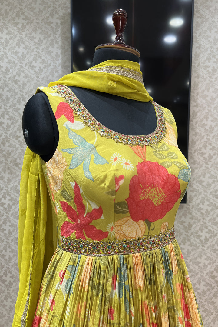 Lemon Green Mirror, Zardozi and Beads work with Floral Print Floor Length Anarkali Suit