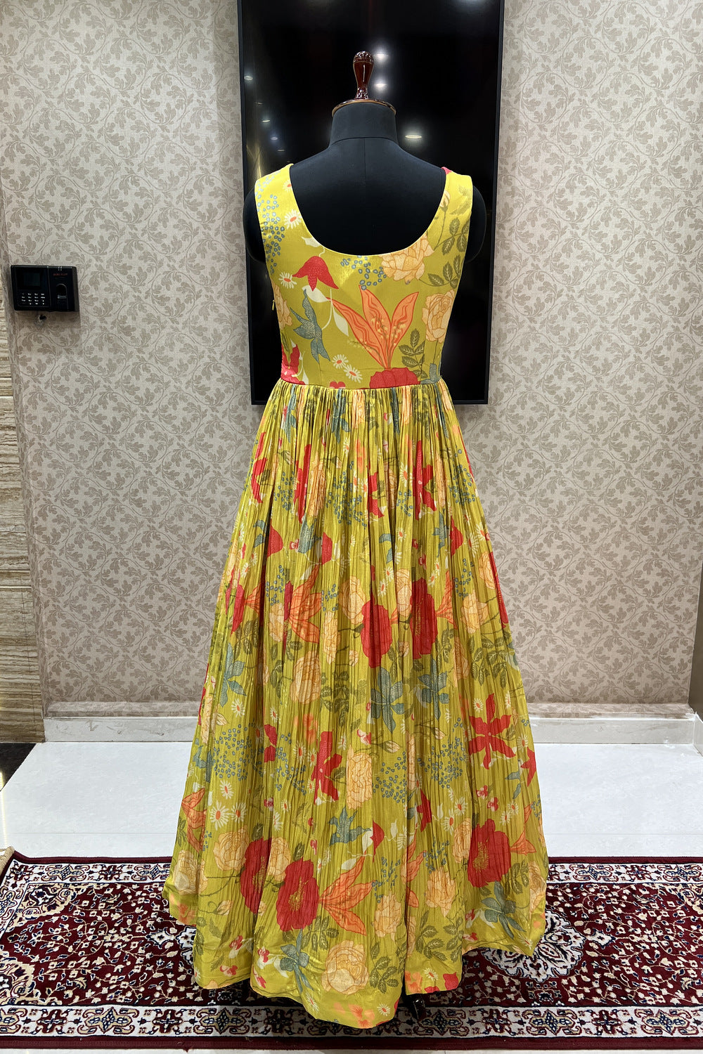 Lemon Green Mirror, Zardozi and Beads work with Floral Print Floor Length Anarkali Suit