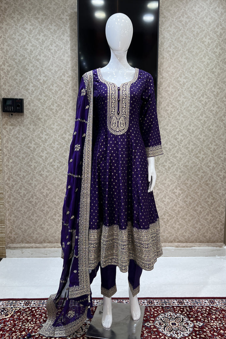 Purple Banaras, Zari Thread and Sequins work Anarkali Style Salwar Suit