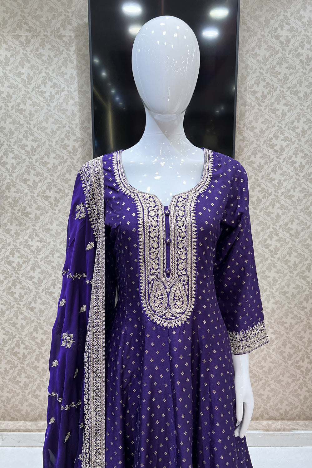 Purple Banaras, Zari Thread and Sequins work Anarkali Style Salwar Suit