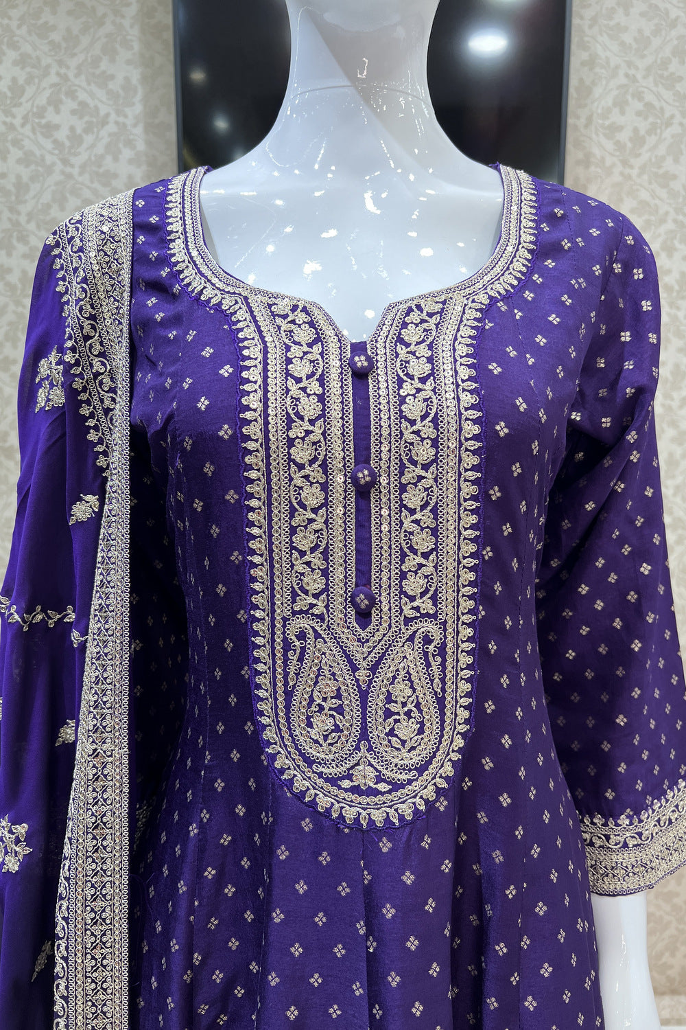 Purple Banaras, Zari Thread and Sequins work Anarkali Style Salwar Suit