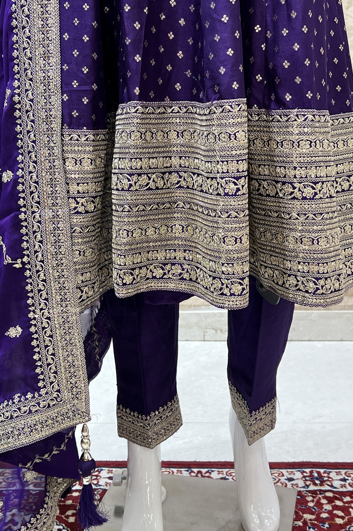 Purple Banaras, Zari Thread and Sequins work Anarkali Style Salwar Suit