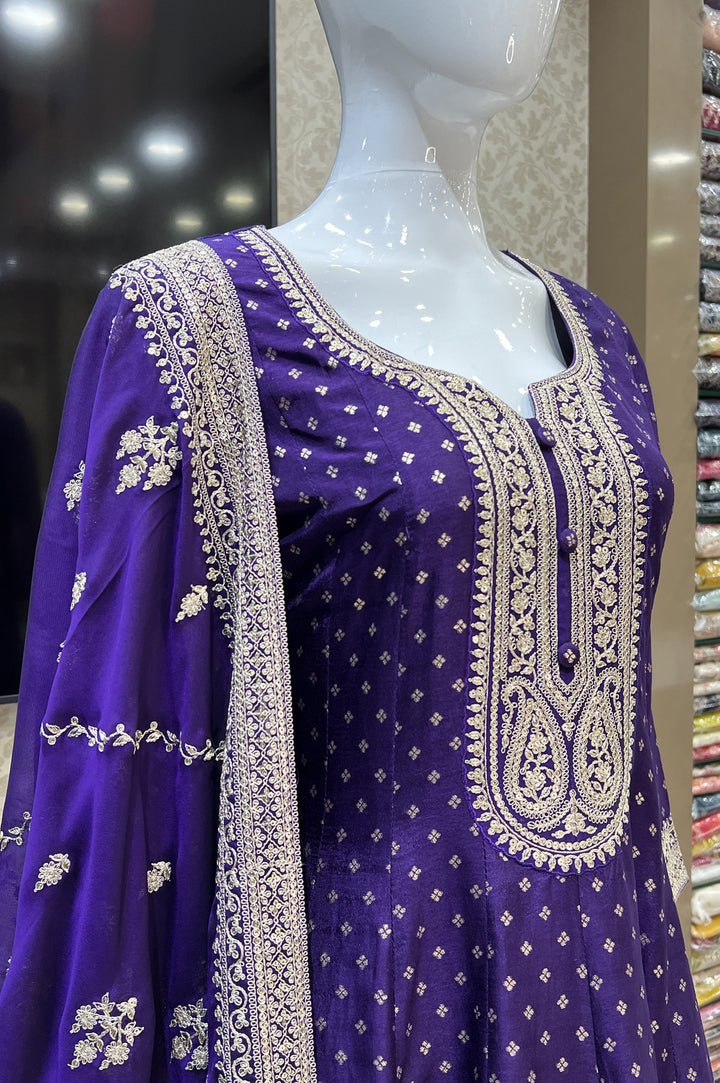 Purple Banaras, Zari Thread and Sequins work Anarkali Style Salwar Suit