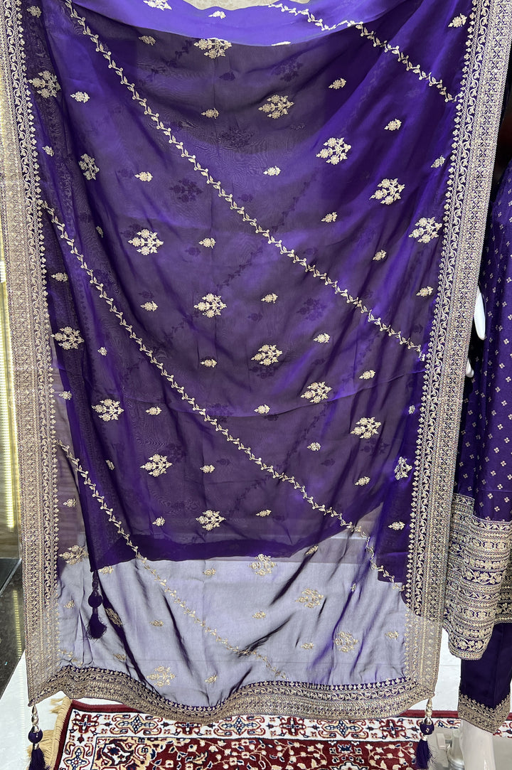 Purple Banaras, Zari Thread and Sequins work Anarkali Style Salwar Suit