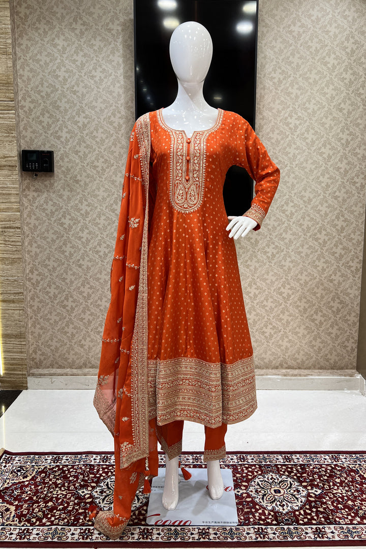 Orange Banaras, Zari Thread and Sequins work Anarkali Style Salwar Suit