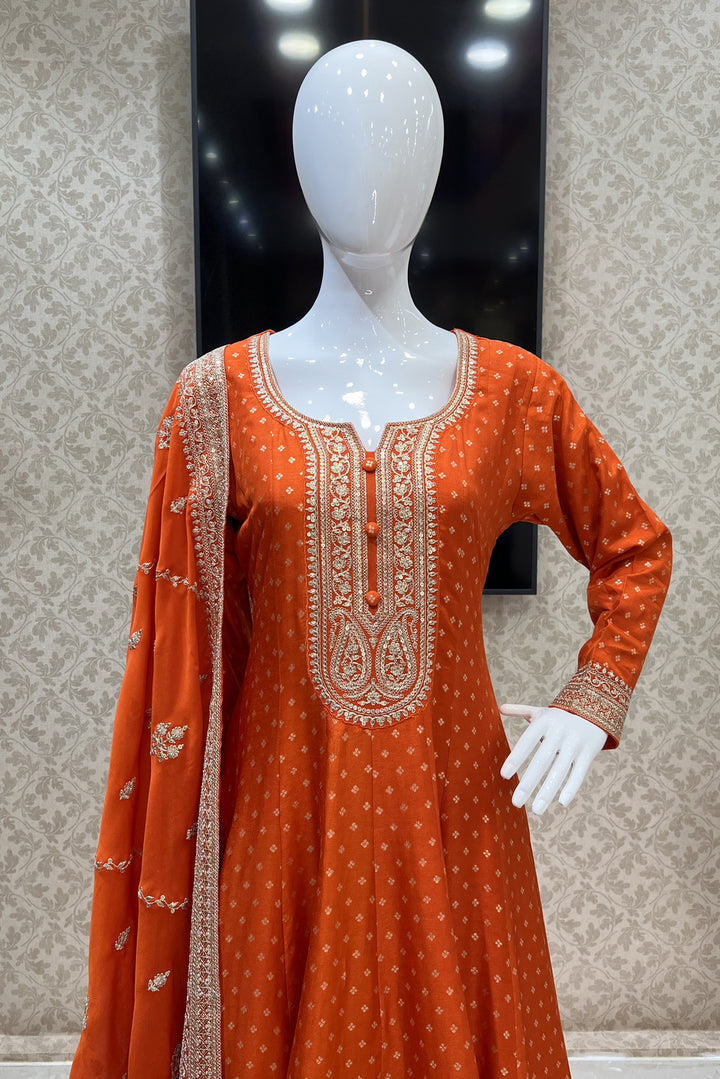 Orange Banaras, Zari Thread and Sequins work Anarkali Style Salwar Suit