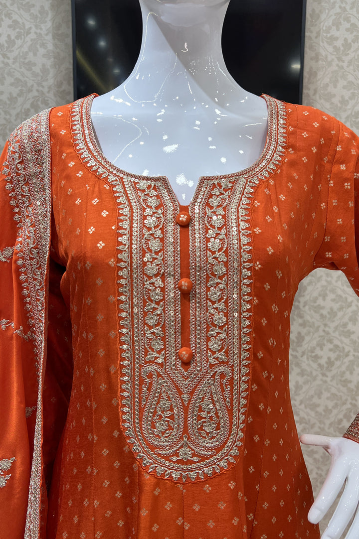 Orange Banaras, Zari Thread and Sequins work Anarkali Style Salwar Suit