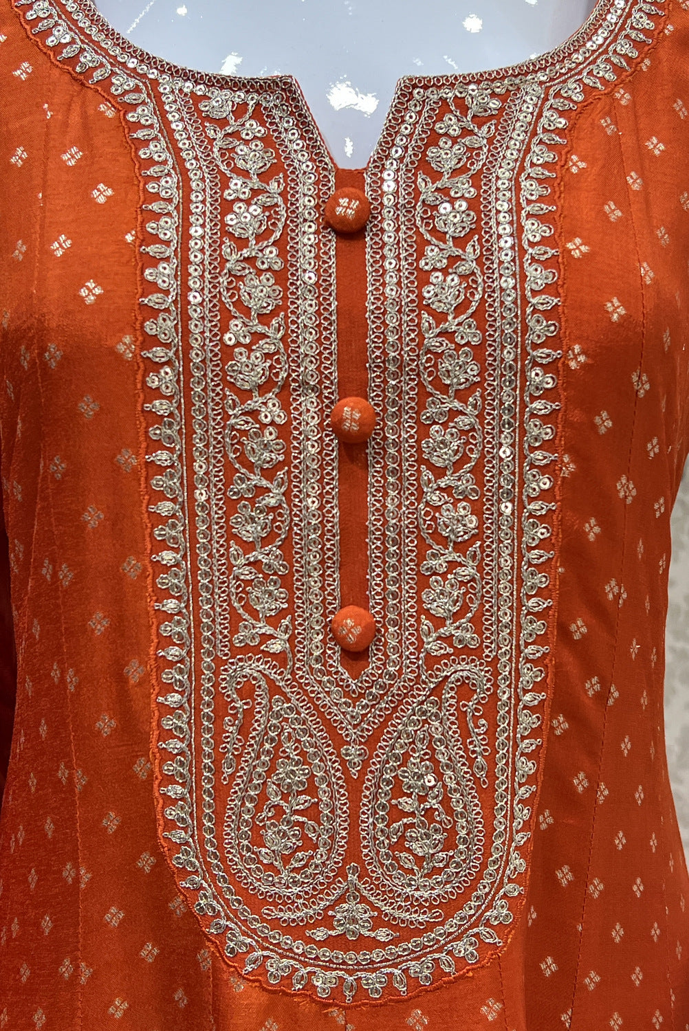 Orange Banaras, Zari Thread and Sequins work Anarkali Style Salwar Suit