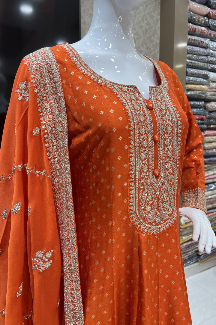 Orange Banaras, Zari Thread and Sequins work Anarkali Style Salwar Suit