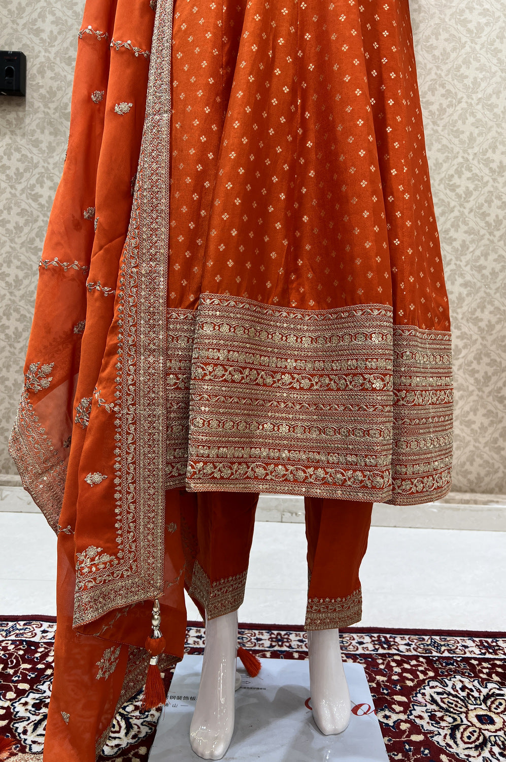 Orange Banaras, Zari Thread and Sequins work Anarkali Style Salwar Suit