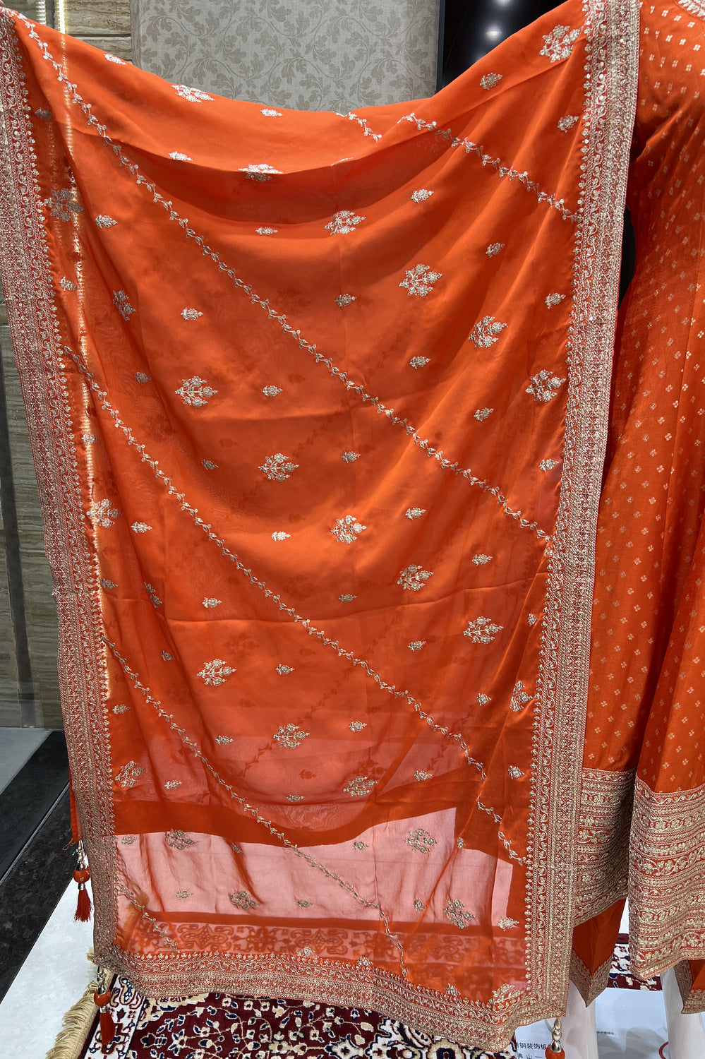 Orange Banaras, Zari Thread and Sequins work Anarkali Style Salwar Suit