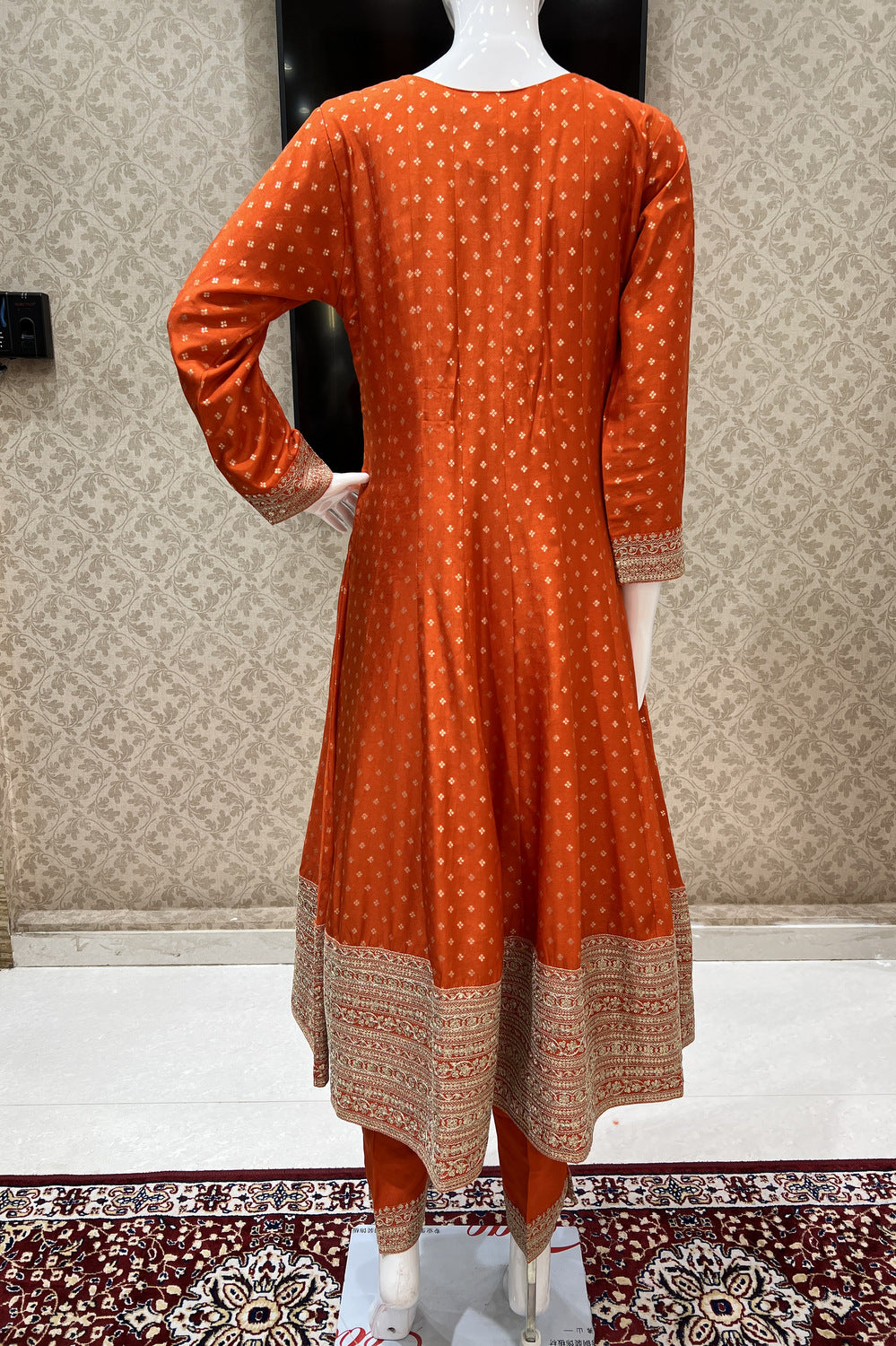 Orange Banaras, Zari Thread and Sequins work Anarkali Style Salwar Suit