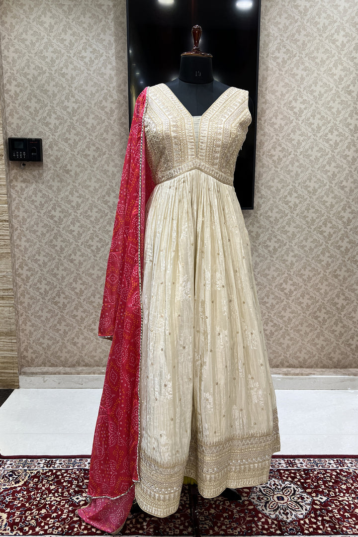 Beige Zari and Sequins work Floor Length Anarkali Suit with Bandini Print Dupatta