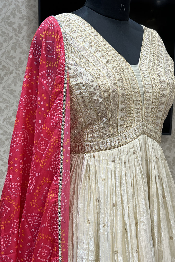 Beige Zari and Sequins work Floor Length Anarkali Suit with Bandini Print Dupatta